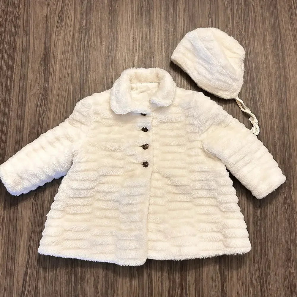 Vintage Breman & Tanner Girls White Faux Fur Overcoat & Matching Bonnet 18-24m